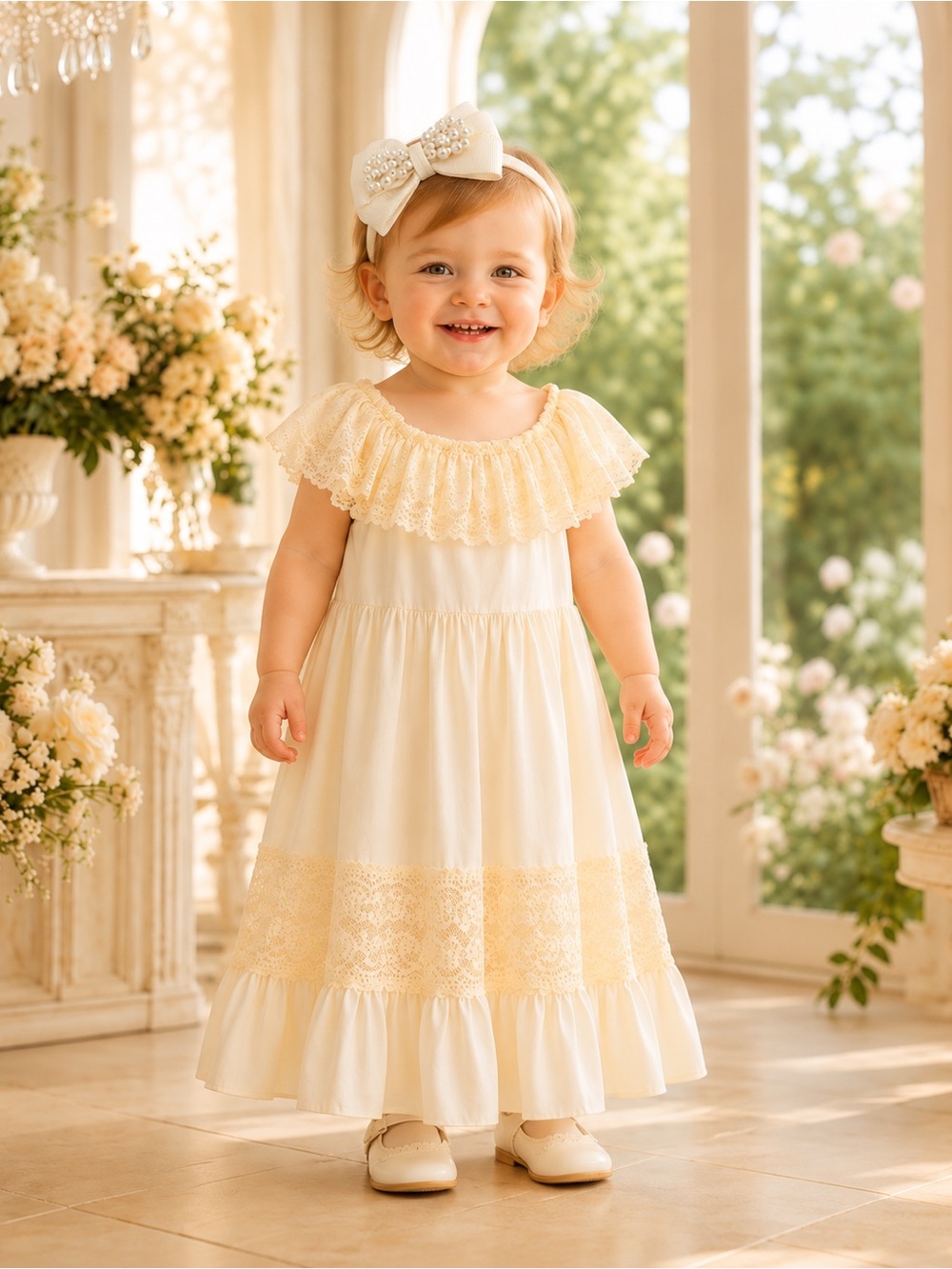 Bailey’s Blossoms Girls 18-24M Ivory Lace Maxi Dress + Pearl Bow Headband NWT